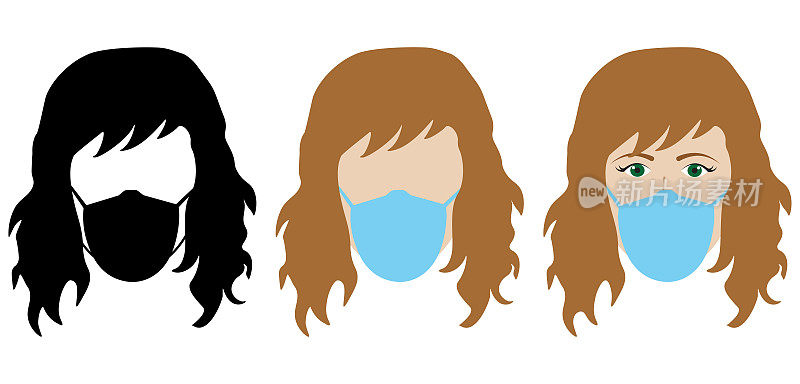 Wearing medical mask on face during pandemic. The face of  woman in protective respiratory mask in three types. Vector illustration.